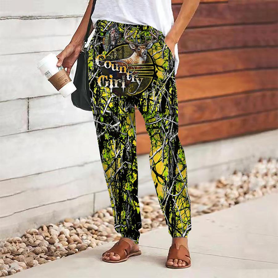 Women Flower Printing Pants Lace Up Elastic Waist Loose  Trousers Casual Long Pants Trousers with Pockets