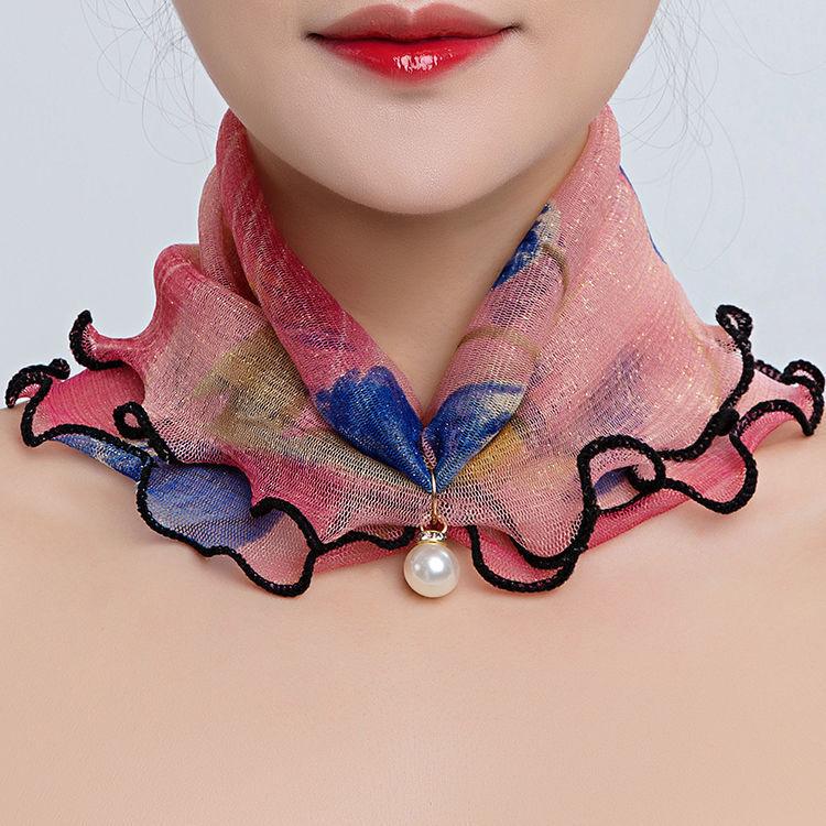 Fashion Printed Gauze Scarf Pearl Pendant Scarf Spring Lightweight Muffler Women Decorative Small Silk Scarf Headband