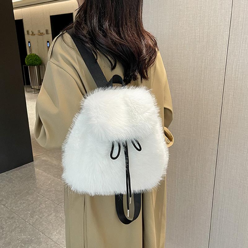 Yogodlns Plush Backpack Women Small Cute Drawstring Fluffy Bag Solid Color Soft Knapsack Winter Warm Faux Fur Shoulder Backpack
