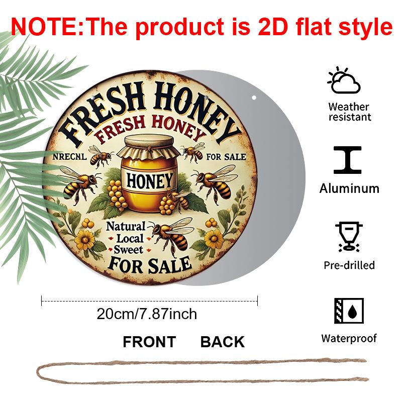 2D Flat Retro Fresh Honey Discount Aluminum Wall Logo-8x8 Inch Country Farmhouse Decoration with Bee and Jar Art, Humorous Kitchen Plaque Suitable