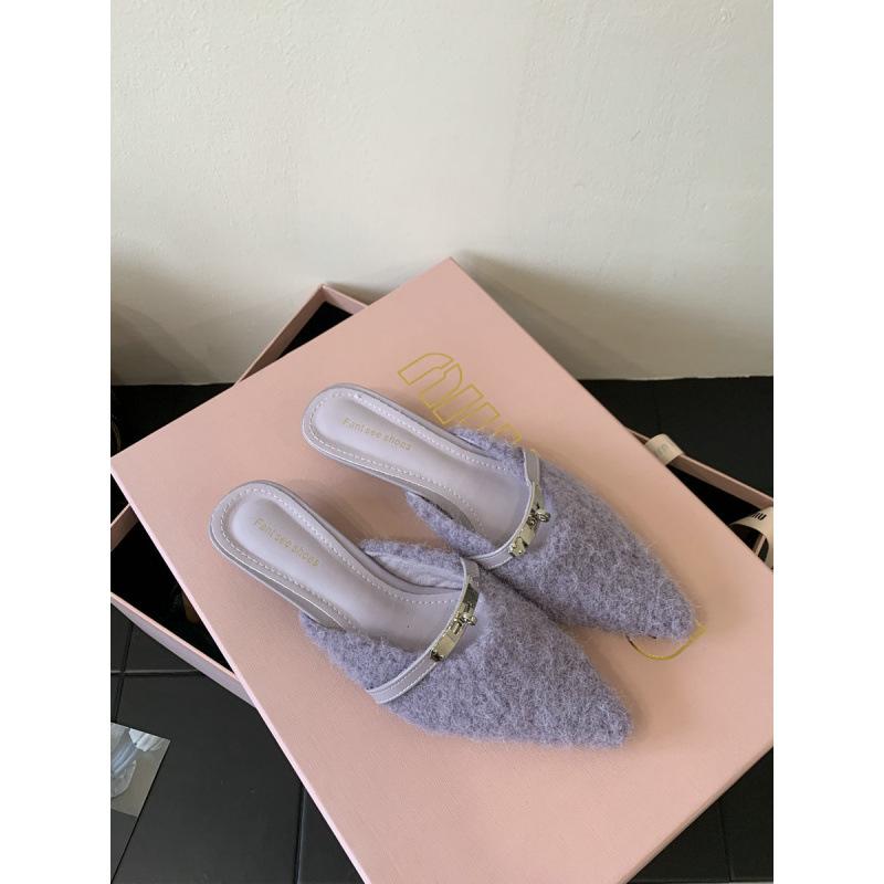 French Temperament Fairy Style Lamb Wool Bag Head Half Slippers Women Wear Autumn and Winter Pedal Pointed Lazy Muller Shoes