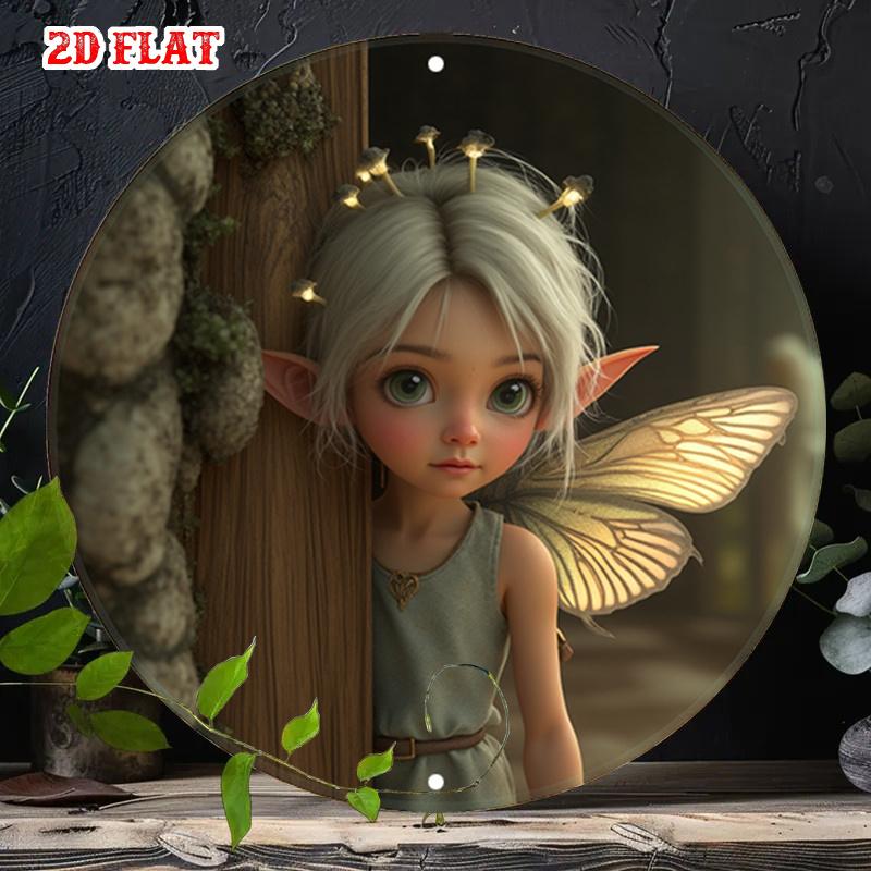 D Flat Metal Sign Retro Vintage Fairy Metal Wall Art Fantasy Pixie Elf with Glowing Wings Design Tin Plaque Rustic Farmhouse 20x20cm(8x8inch)