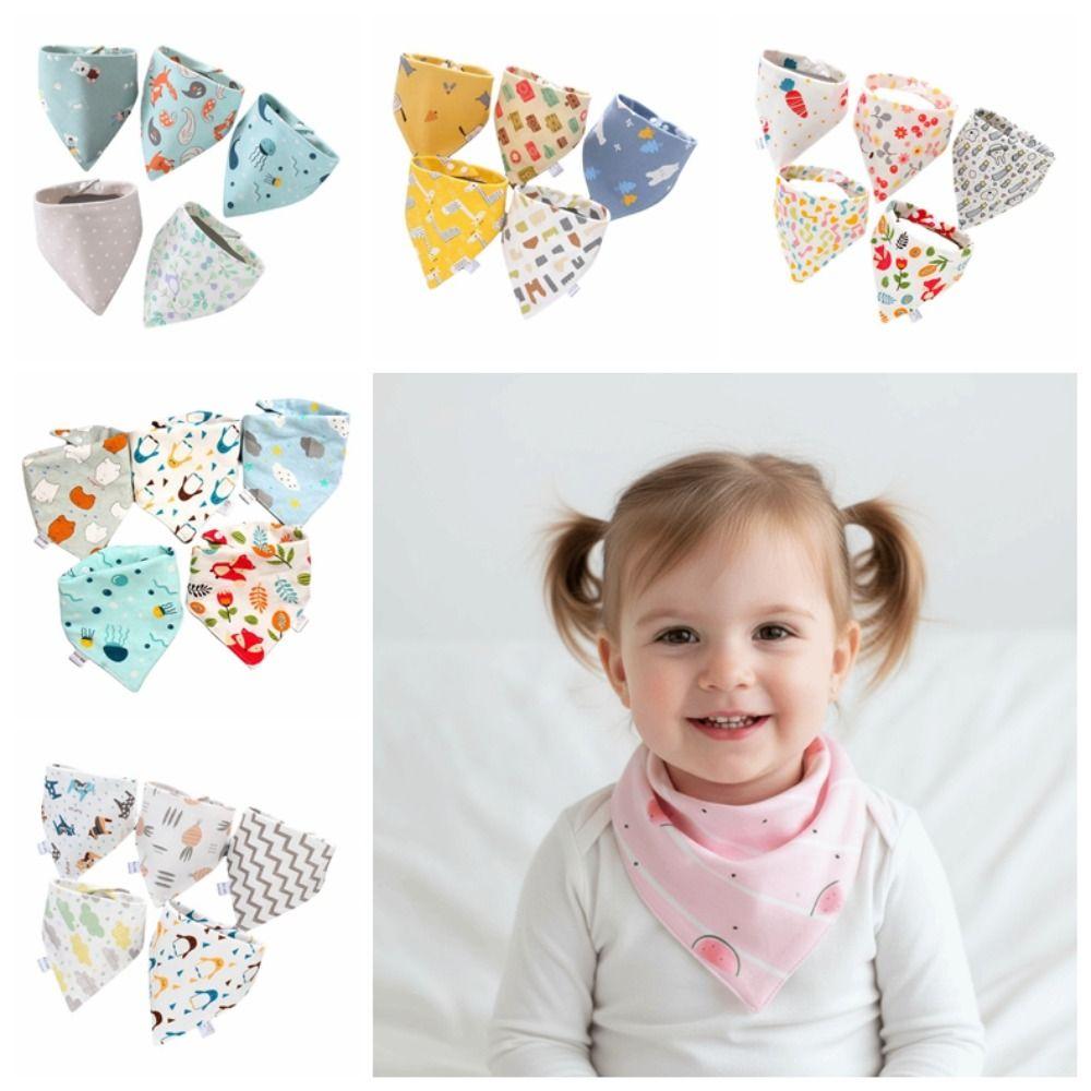 5PCS/SET Triangle Design Cotton Bibs Cartoon Print Saliva Towel Cute Feeding Bibs Newborn Feeding