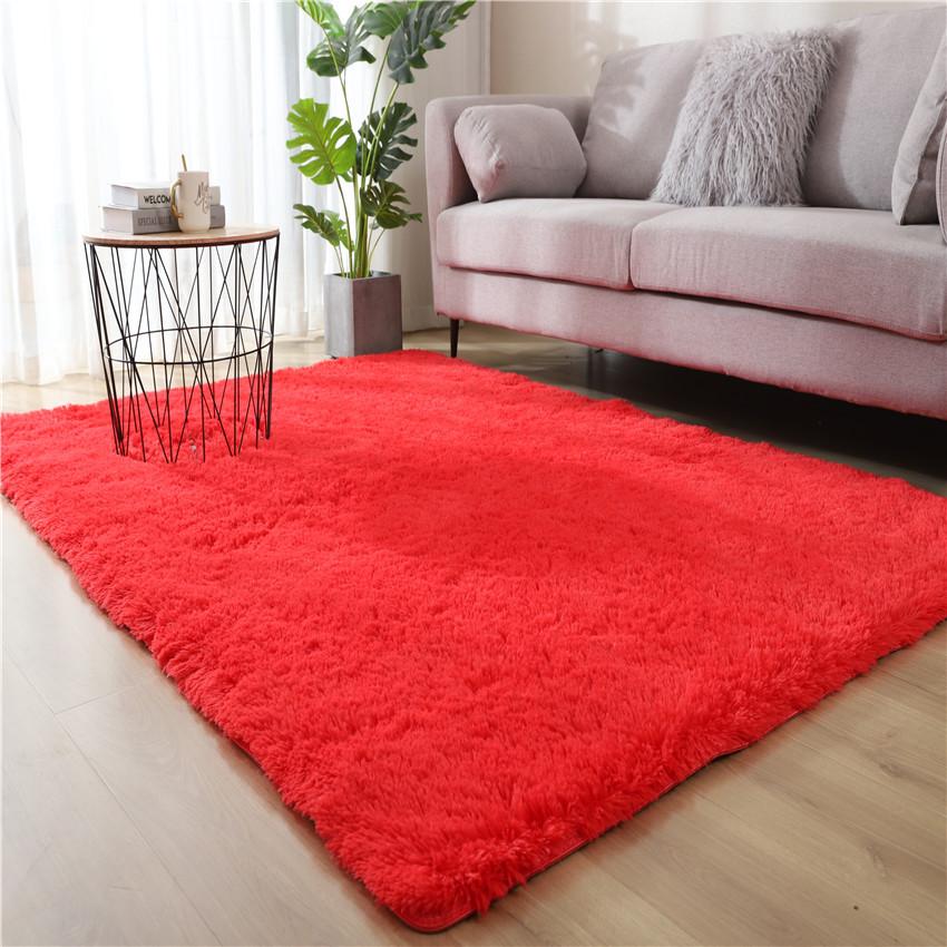 Long Pile Silk Wool Carpet - Full Coverage Bedroom and Living Room Rug, Solid Color