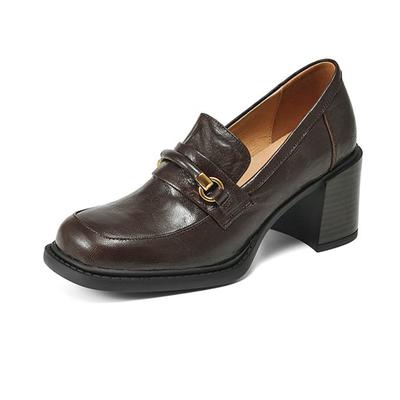 Sheepskin Square Toe Chunky Heels Autumn Summer Shoes Slip On Women Metal Decoration British School Pumps