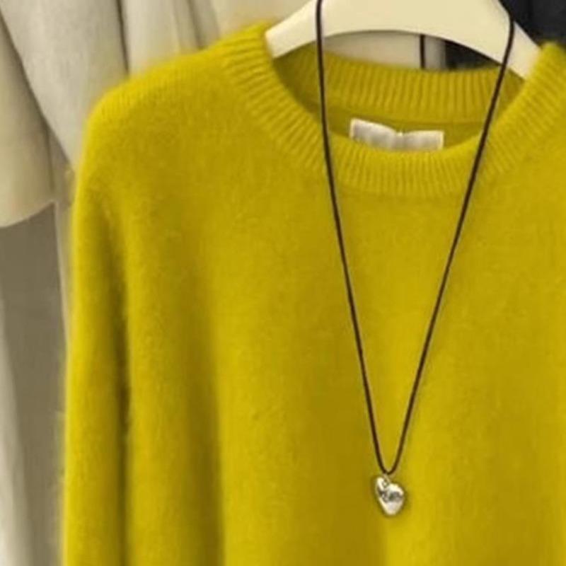 Lemon yellow round neck mohair sweater autumn and winter versatile temperament mink fleece soft waxy knitted sweater