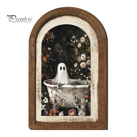 Cute Ghost Arch Shaped Sign Halloween Wall Decor, Table Sign, Vintage Framed Fall Season Decorative Accent Picture, Art for Mantel Living Room Bedroom