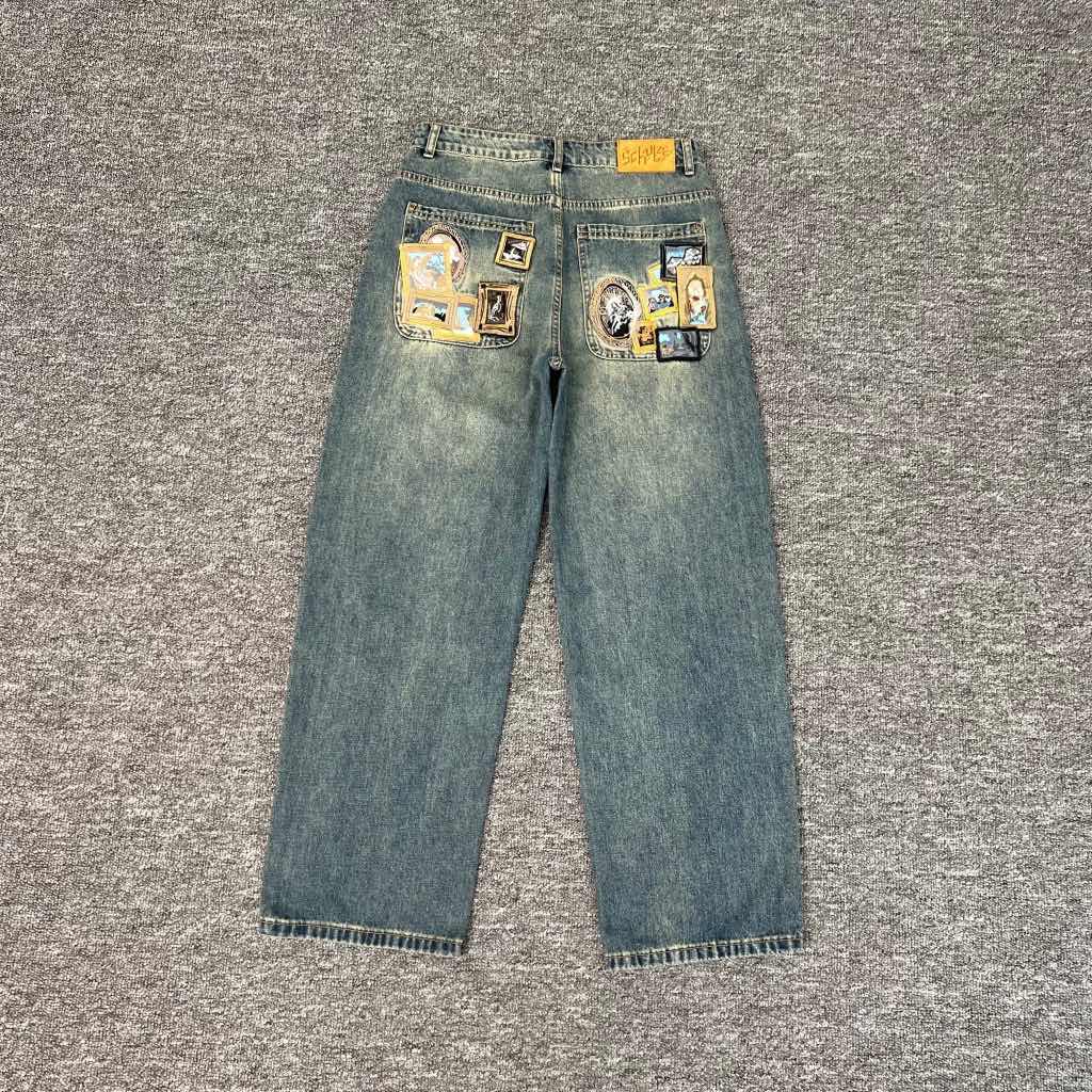 High Quality Y2K Harajuku Jeans Goth Vintage Plum Blossom Embroidery Pattern Wide Leg Pants Denim Fabric American Style Street Wear Unisex