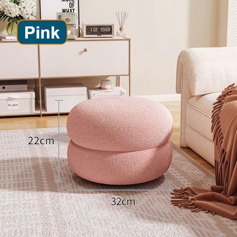 Modern Cream Round Stool - Low Seating for Living Room Sofa, Bedroom & Shoe Changing, Velvet Upholstered Home Decor Accent Piece