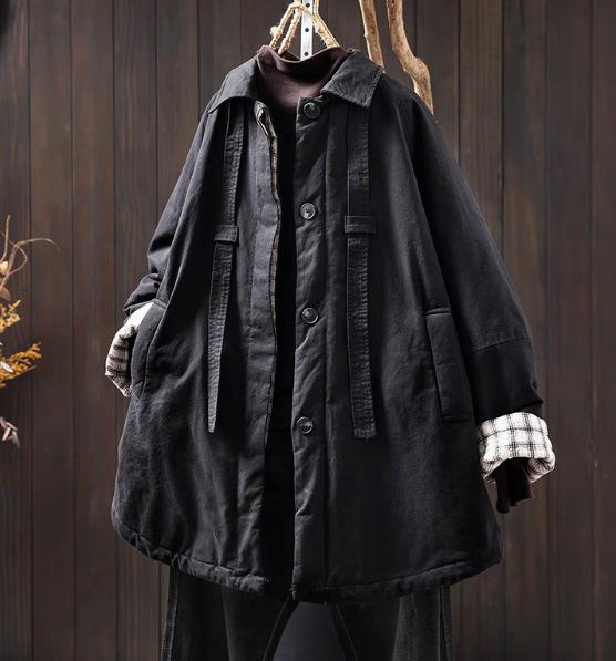 

Johnature Отложной воротник Свободный повседневный Однотонное пальто Женское Зима Ретро Длинные рукава Винтажное пальто в китайском стиле One Size чёрный