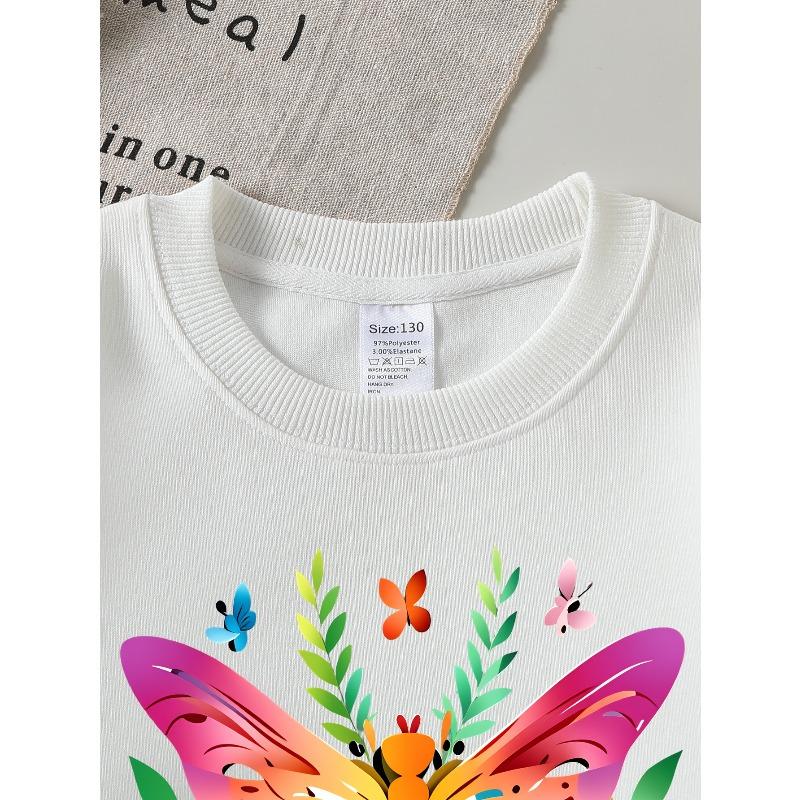 European Sizes Vibrant Dragonflies And Butterflies Crew Neck Sweatshirt for Girls, Autumn Winter Long-Sleeved Western Top.