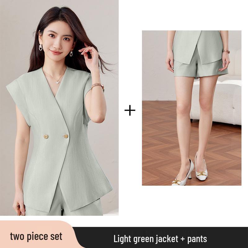 2025 Summer High-End Sleeveless Suit Jacket with Shorts – Goddess Petite OL Style