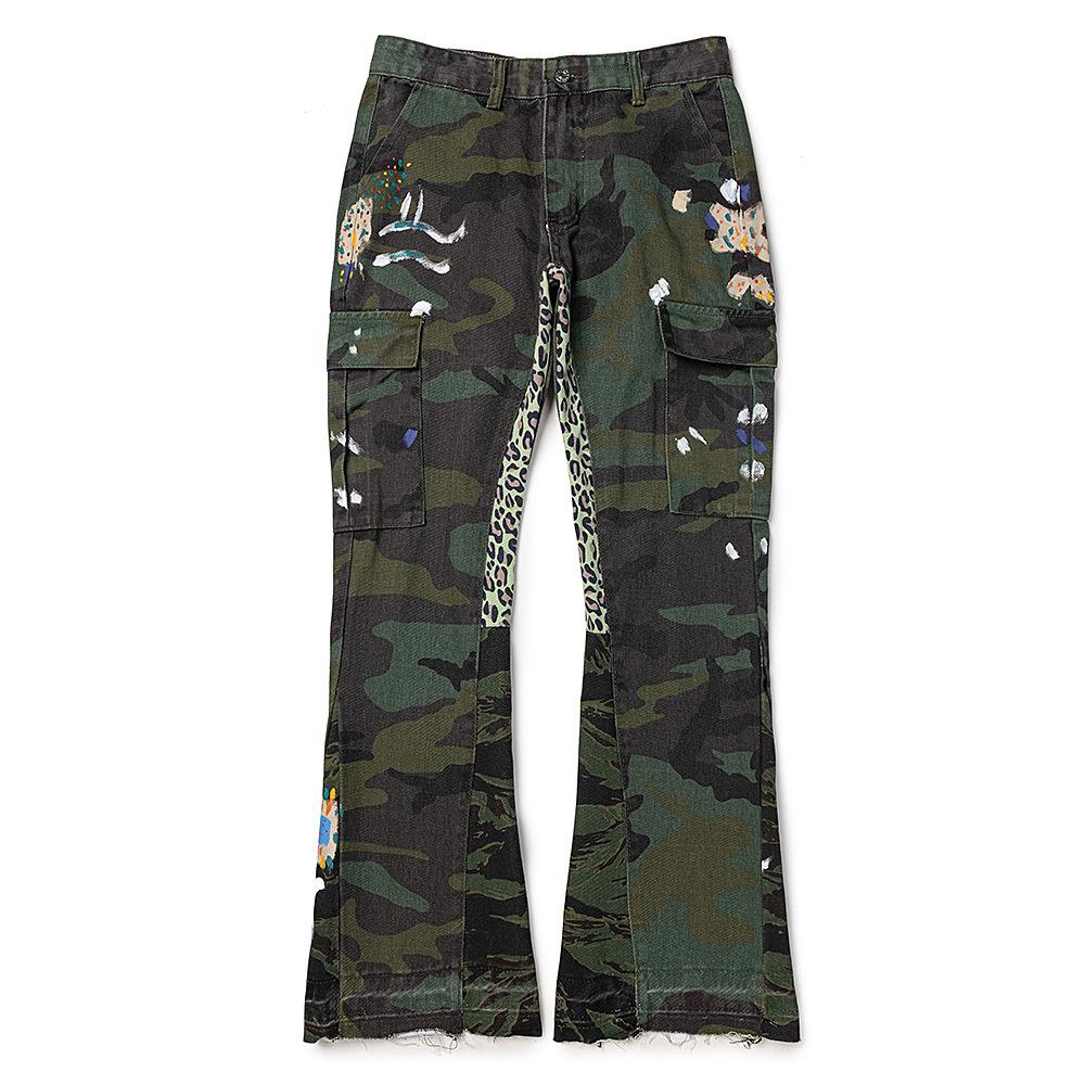 Ručně malované flekaté inkoustové patchworkové ležérní tepláky se stahovací šňůrkou, džínovina s mikro-rozšířenými nohavicemi, unisex dlouhé kalhoty