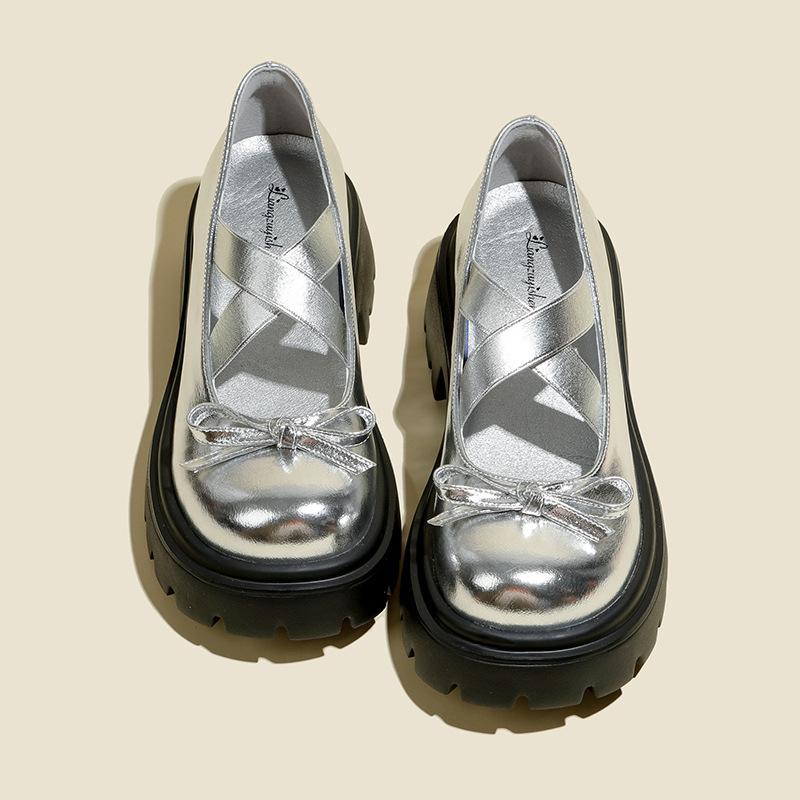 

Bow Platform Silver Mary Jane College Small Leather Shoes Women s Single Shoes J Casual Versatile 39 серебряный