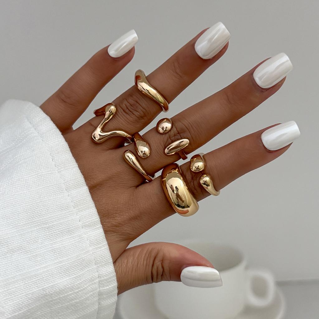 Salircon 6Pcs/set Vintage Irregular Gold Color Open Ring for Women Classic Geometry Smooth Metal Finger Ring Couple Jewelry Gift