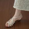 Soft leather version~ hand-woven hollowed-out vacation style high-heeled Roman shoes women's summer open-toed temperament with skirt sandals