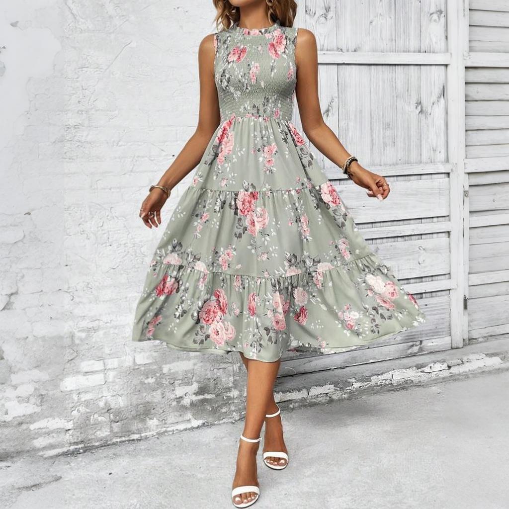 Women Sleeveless Crew Neck Ruched High Waist Floral Print Midi Dress Elegant Casual Loose Fit Sundress for Daily Wear