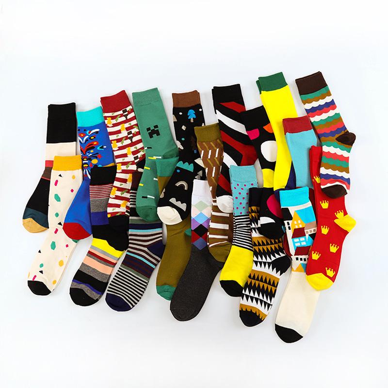 Fashion Colorful Brand Men Socks 20 Colors Striped Plaid Diamond Socks Men Cotton Casual Crew Socks