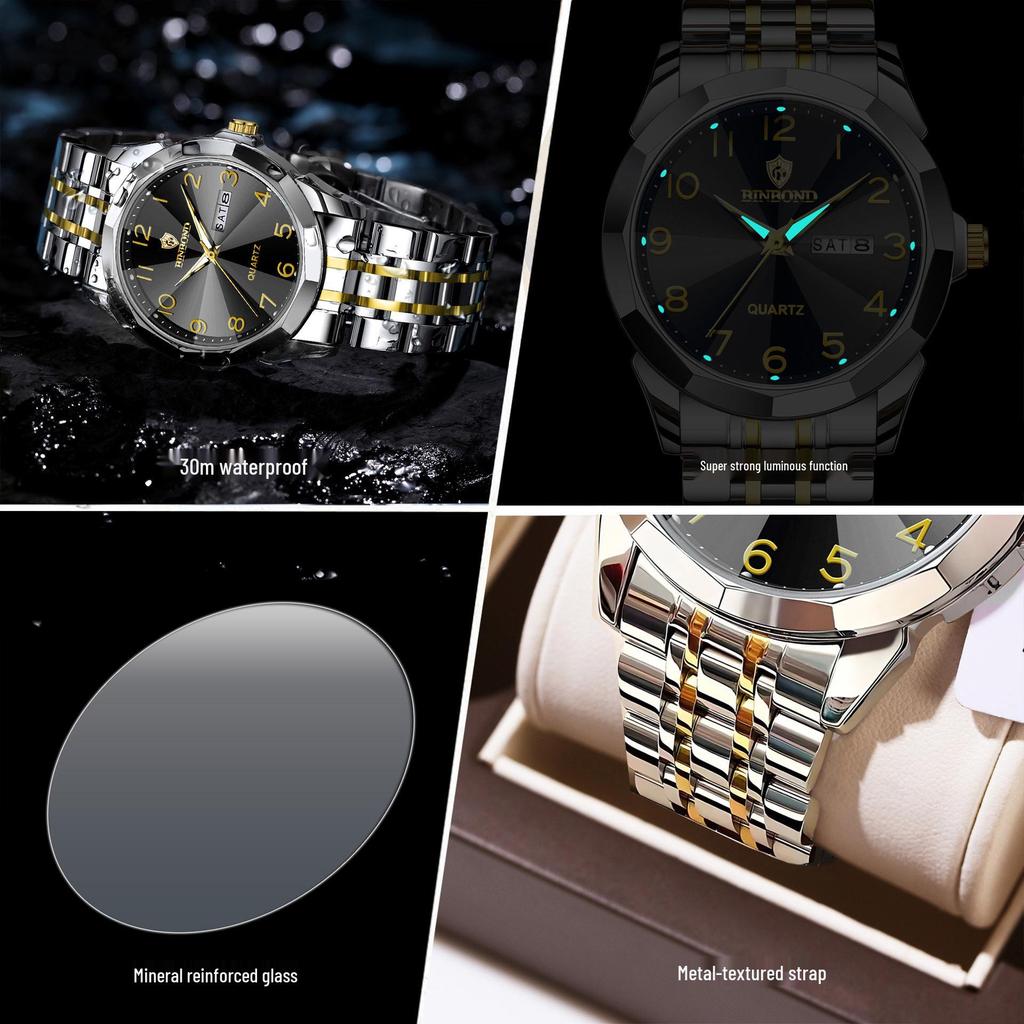 Genuine Men's Waterproof Korean-Style Luminous Quartz Watch with Double Calendar