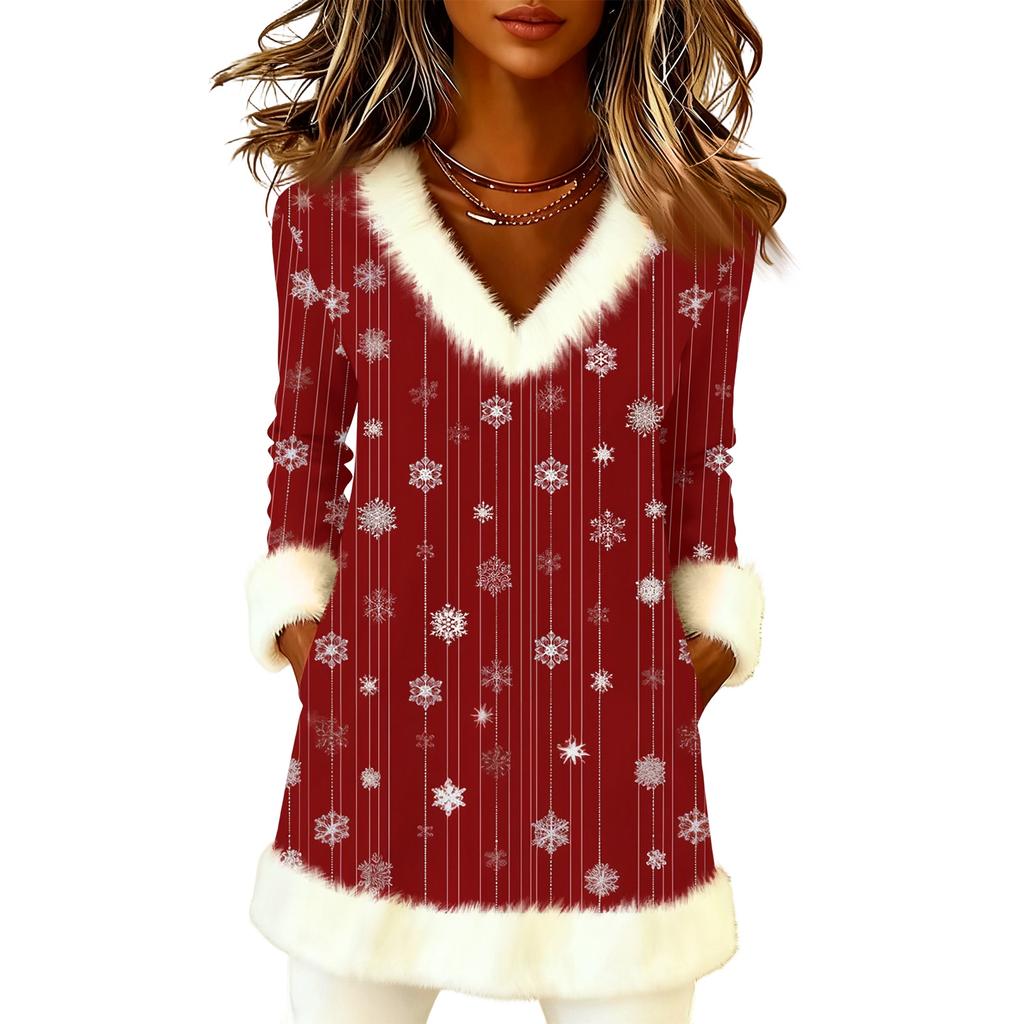 Women's Christmas Fashion Plush V-Neck Pullover Printed Long-Sleeved Top