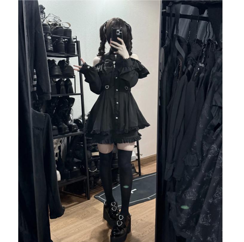 Set Rochie Pantaloni Scurți cu Fundă Stil Gotic Japonez Y2k Lolita Femei Dantelă Volane Decolteu Bardot Butoane Rochie Dulce Subțire Rochie de Petrecere