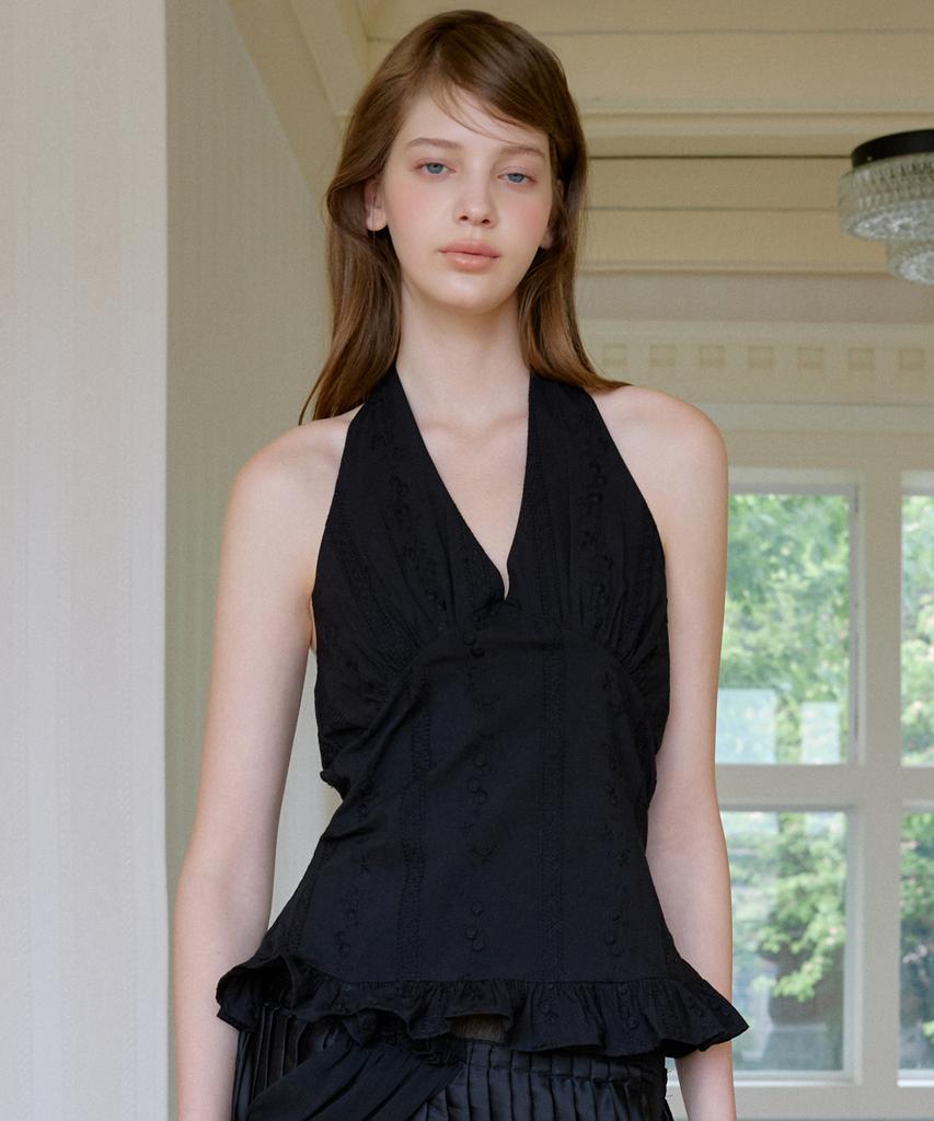 LETTER FROM MOON Punched Lace Halter Neck Sleeveless (Black)