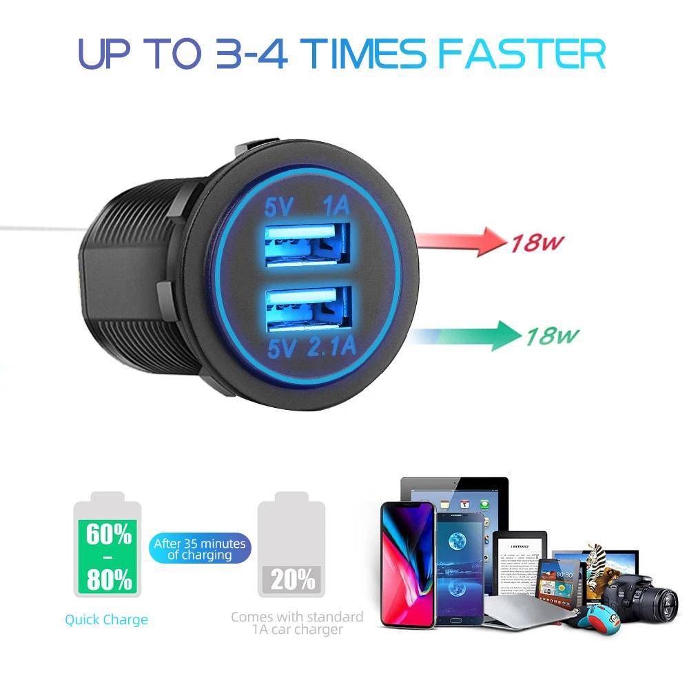 5V 3.1A 12V Dual USB Car Charger with Panel Waterproof Power Adapter Socket Outlet for Vehicle Boat Truck Motorcycle