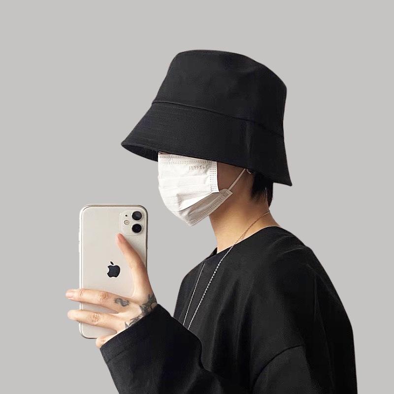 Black Fisherman's Hat Children's New Spring and Summer Big Head Circumference Showing Face Small Face Covering Sunscreen Bucket Too