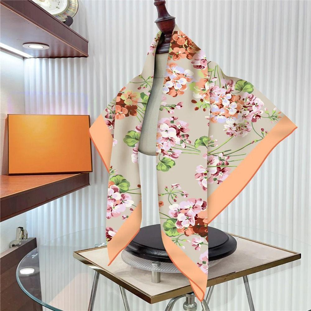 Luxury 90CM Twill Silk Scarf Wrinkle-Resistant Breathable Flower Print Scarf Lightweight Square Head Scarf Women Girl