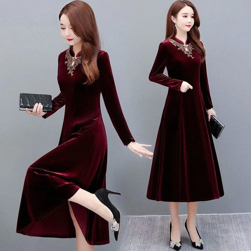 Women Autumn Winter Velvet Dress Lady Long Sleeve Party Velour Dress Casual A-Line Elegant Mid Long Dresses