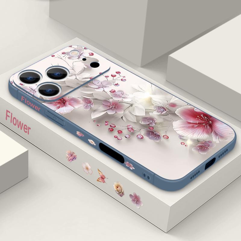 Pink White Flower Pattern Lanyard Case For iPhone 17 Pro Max Soft Silicone Cover For iPhone 16 Pro Max Funda iPhone 15 14 13 12 11 16E Air