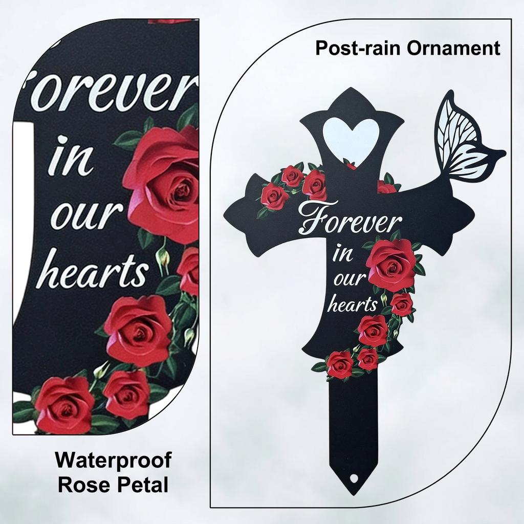 Cross-Shaped Memorial Garden Stake With Roses & Butterfly, Sympathy Cemetery, Yard For Remembrance