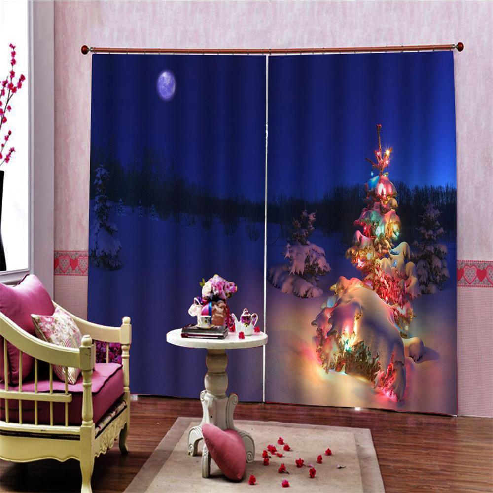 Happy New Year Christmas Tree Red Shiny Light Window Curtains For Kids Bedroom Living Room Bathroom Kicthen Door Hall Home Decor
