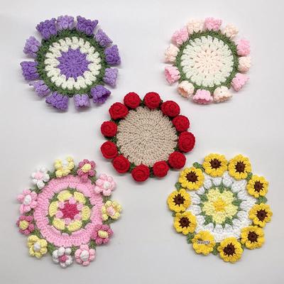 Handmade Crochet Flower Coasters: Rose, Lily of the Valley, Sunflower Bouquet