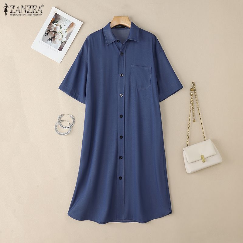 ZANZEA Damen Freizeit Hemdkleid mit Umlegekragen, locker, Sommer, Halbarm