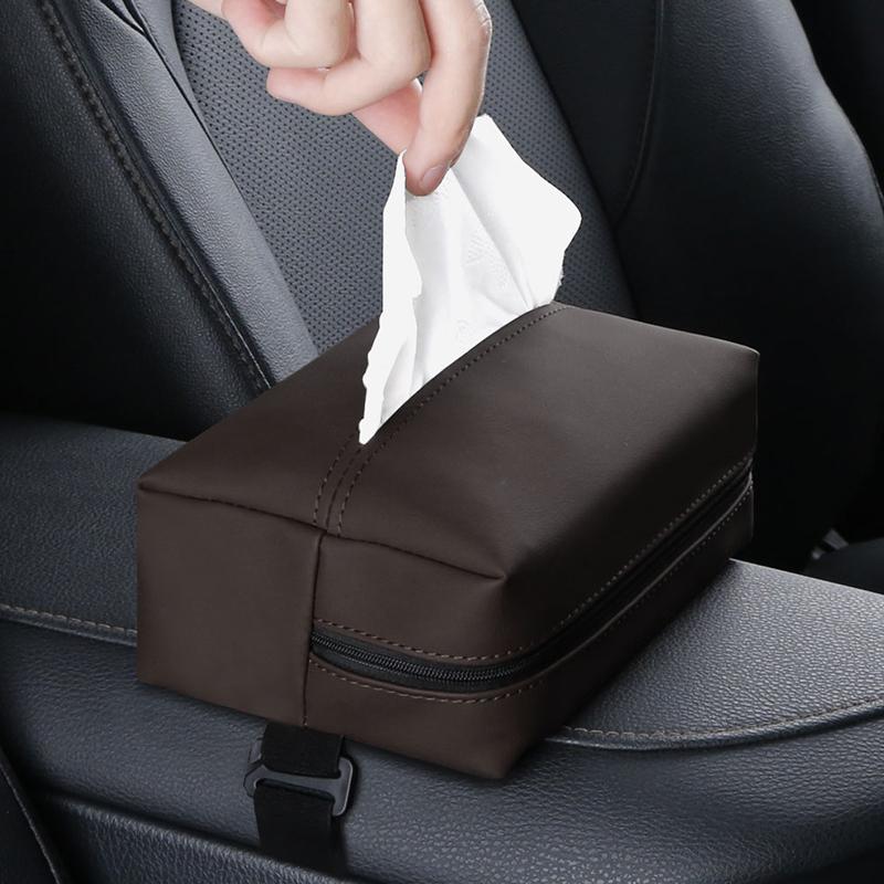 Car Tissue Box Holder Nappa Leather Car Center Console Armrest Napkin Box Sun Visor Backseat Tissue Case with Fix Strap