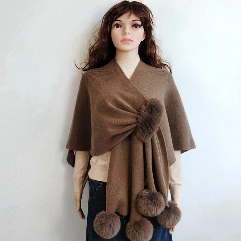 European and American Fur Collar Knitted Pom-Pom Cardigan Shawl
