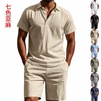 Summer Men's Loose Casual Linen Breathable Shirt Short Beach Sleeve Shorts Set