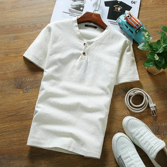 

Мужской летний комплект из двух предметов: футболка с V-образным вырезом и брюки из хлопка и льна - Большой размер 4XL (suggested weight 160-180 jin)