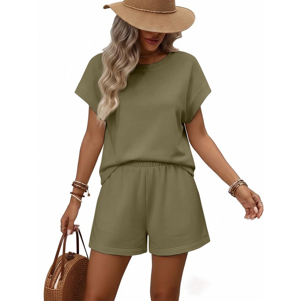 Conjunto de Dos Piezas para Mujer: Top de Manga Corta Holgado y Shorts, Atuendo Casual de Verano, Tejido Suave, Estilo Relajado, Ropa de Casa para el Uso Diario