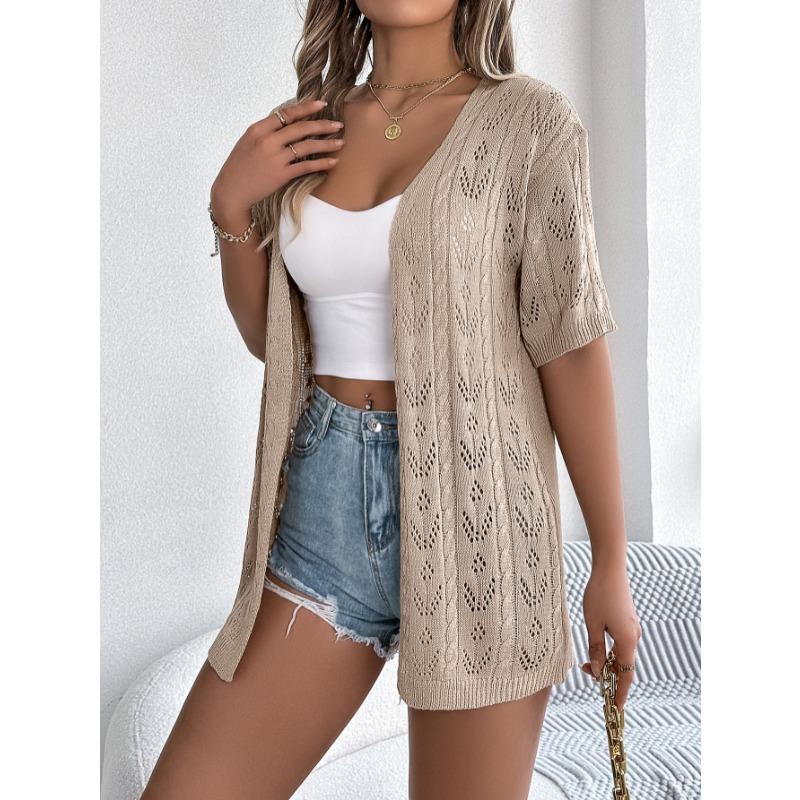 Spring Summer Hollow Out Short Sleeved Knitted Cardigan Sweater Vacation Casual Simple Women Sunscreen Long Shirt Solid Color Women's Clothing