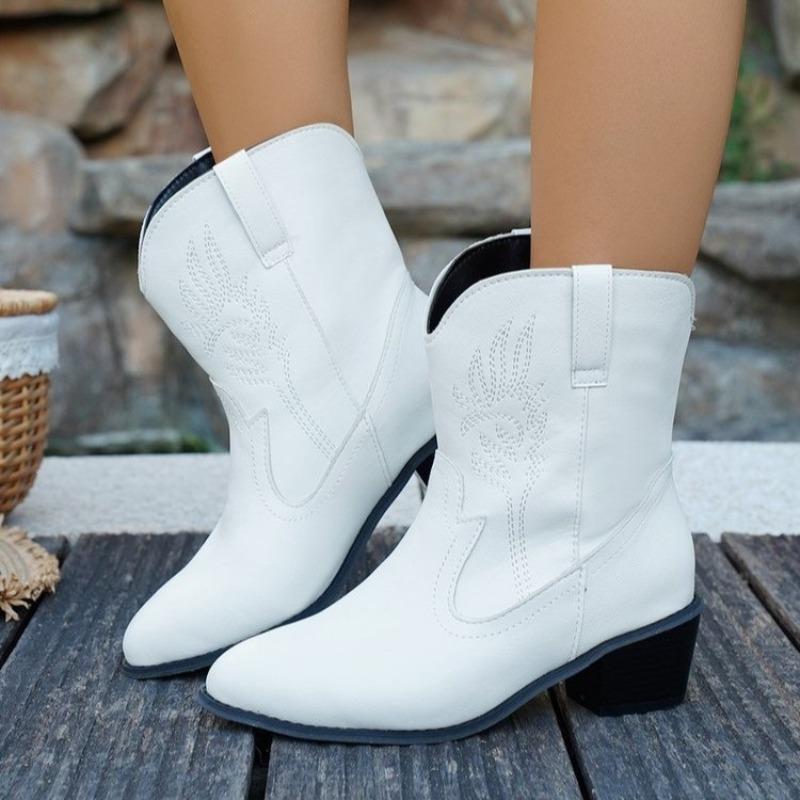 

2025 Fashion Solid Color Women s Mid Top Boots Mid Heel Boots Embroidered Western Cowboy Boots Classic Women Low Heels Shoes 36 белый