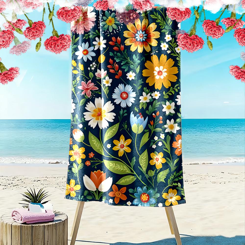 Colorful Floral Pattern on Navy Background Beach towel quick-drying for travel outdoor sports jogging beach and swimming