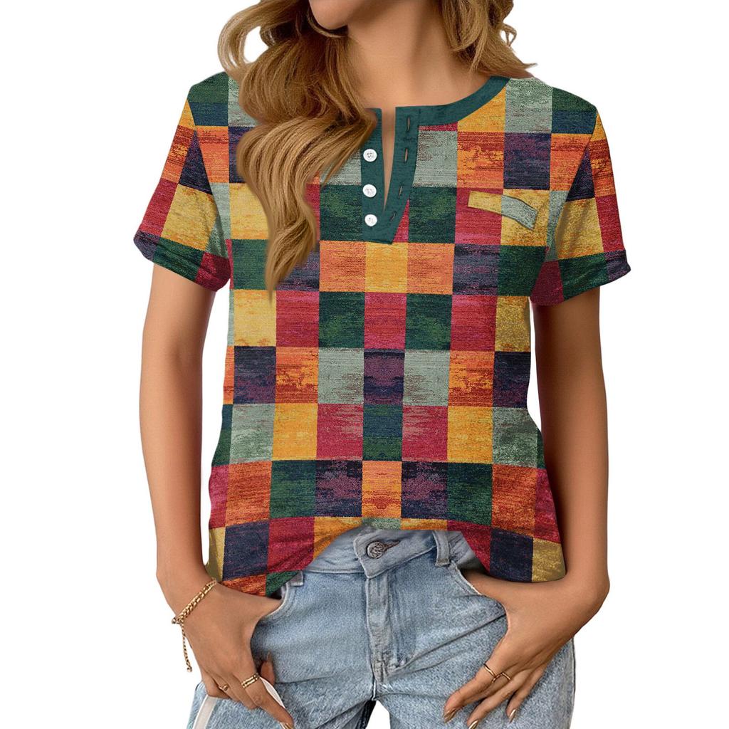 Women's Fashionable Casual Summer Plaid Print V-neck Button Short-sleeved Top