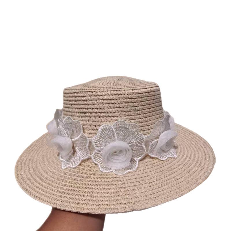 Summer straw hat women's French bow pearl sunscreen visor casual trip seaside sun hat French style