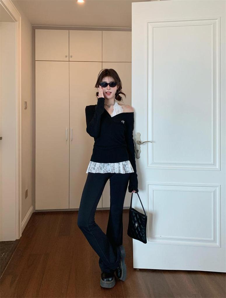 Women's Sweet & Spicy Chic Embroidered Slimming Black Long-Sleeve Sweater for Early Autumn