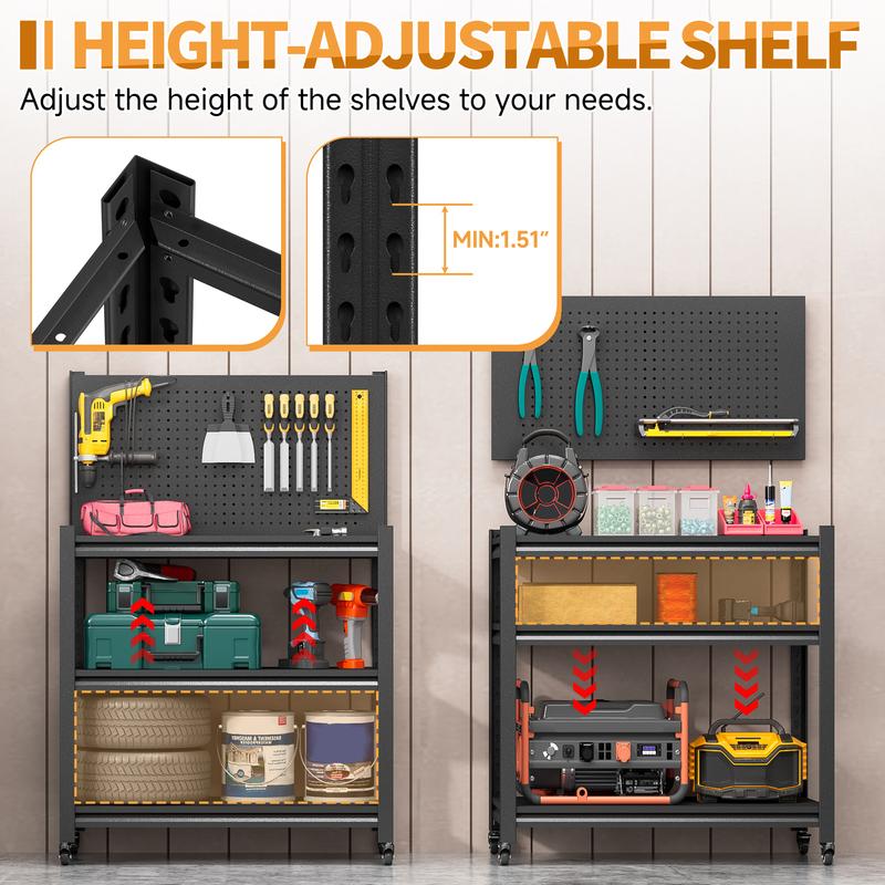 Tool Storage Workbench Rolling Shelving Steel Tool Rack Garage Shelves/ Pegboard