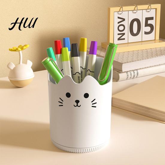 Large Capacity Pen Organizer Holder 360 Degree Rotating Cat Pattern Transparent Stand Design Stationery Desk Accessory
