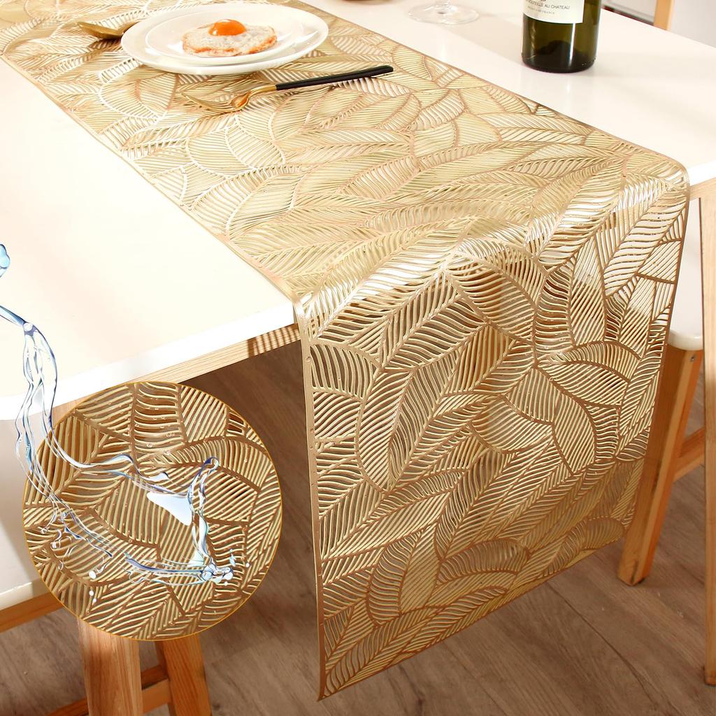 Leaf Hollow PVC Table Runner Bronzing Table Flag Non-slip Heat Insulation Placemat Dinning Table Mat Home Hotel Decor Tablecloth