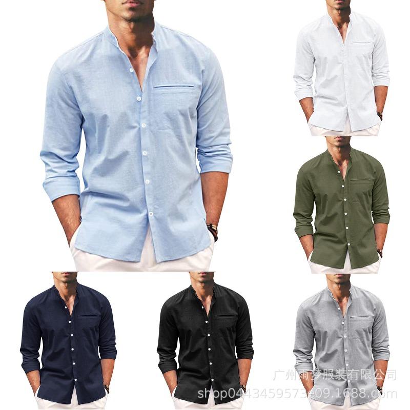 Men's Long Sleeve Cotton Linen Shirt, Mandarin Collar Button-Up Shirt, Solid Color Casual Top